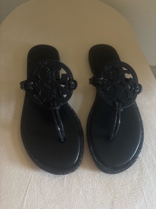 Tory Burch Shoes - Tory Burch Black Logo Thong Sandals with Embellished Medallion